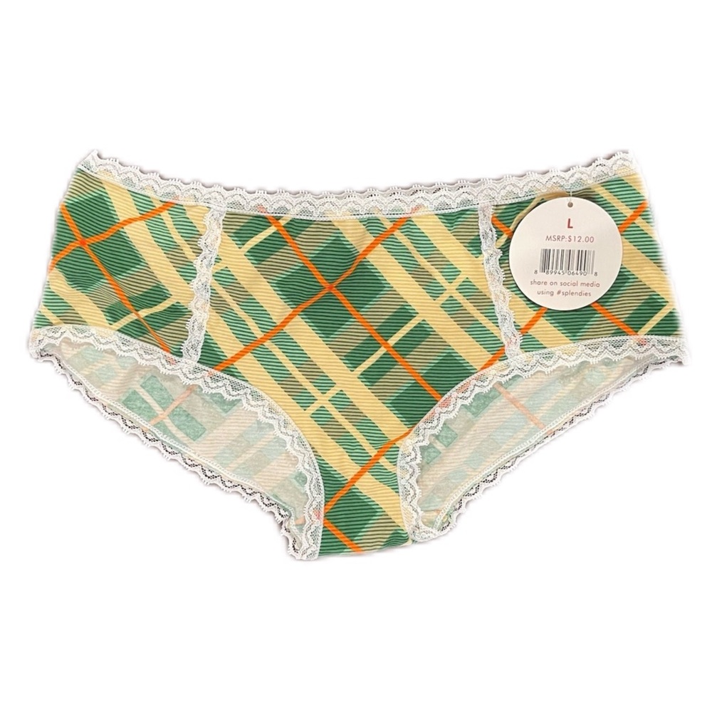 NWT Hip-hugger Panties Green, Yellow & Orange Plaid w/ White Lace Trim Large